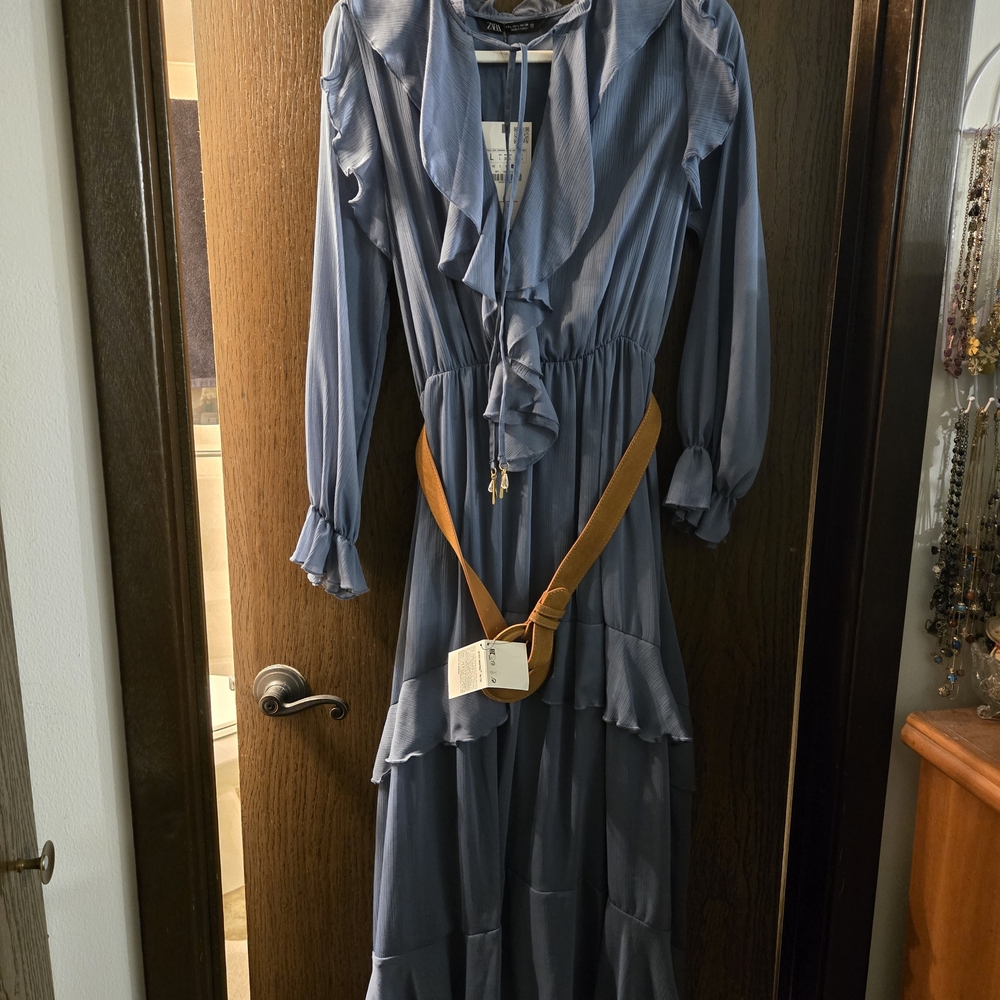 Zara Dusty Blue Ruffled Maxi Dress